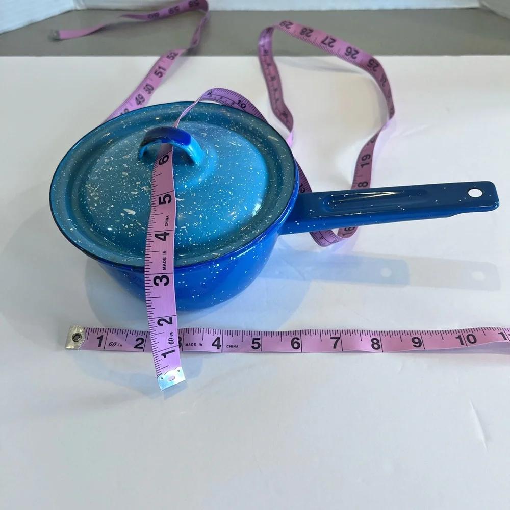 Vintage Enamelware Blue And White Speck Pot and Lid Camp Ware